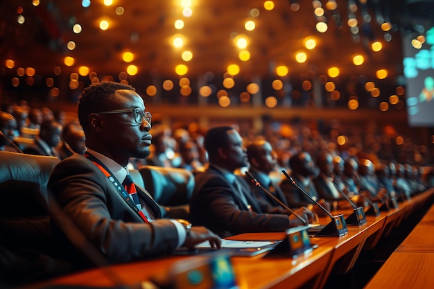 A summit of African Union leaders discussing regional integration and conflict resolution on the con