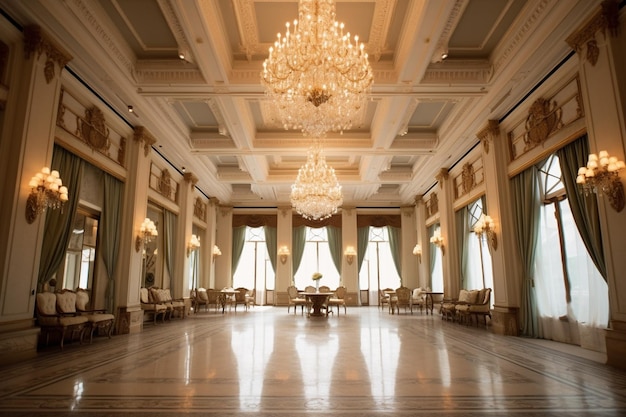 Photo sumptuous ballroom with glittering chandeliers and marble floors