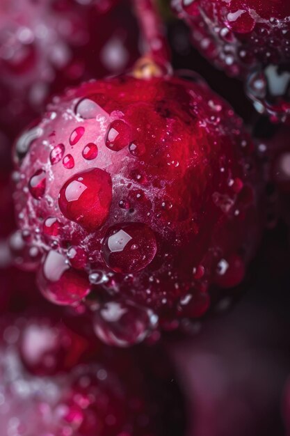 A sumptuous closeup of a cranberry glistens with water droplets