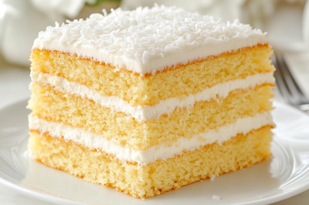 Photo sumptuous coconut cake with creamy frosting and a dusting of shredded coconut