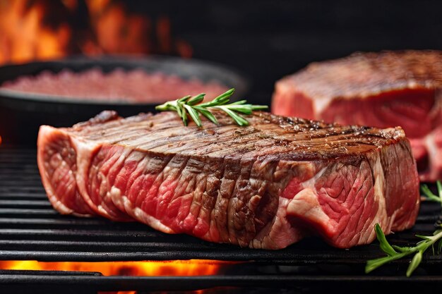 Sumptuous panorama Raw beef steak sizzling on a BBQ grill Perfect for showcasing