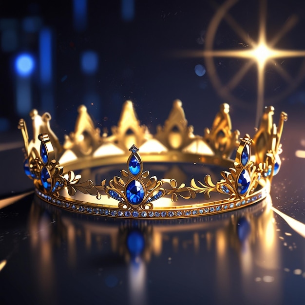 A sumptuous royal crown adorned in blue gems and gold detailing under a mystical ambient light