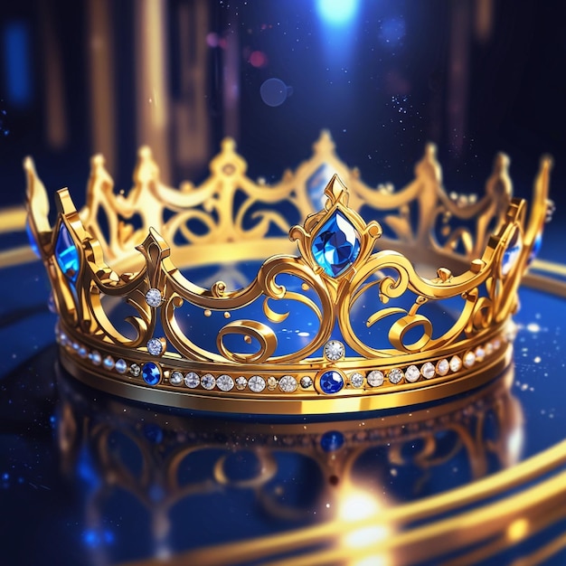 A sumptuous royal crown adorned in blue gems and gold detailing under a mystical ambient light