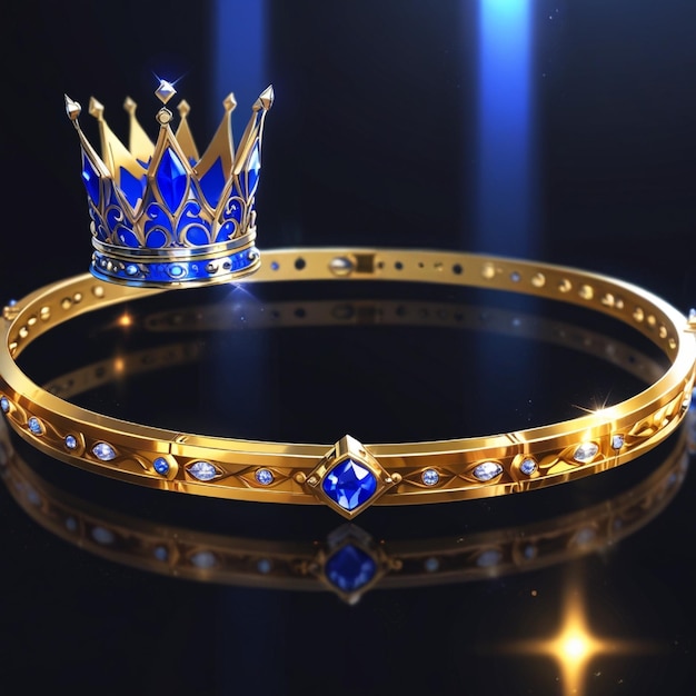 A sumptuous royal crown adorned in blue gems and gold detailing under a mystical ambient light