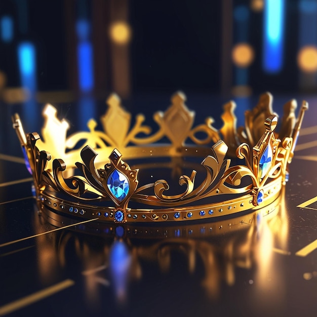 A sumptuous royal crown adorned in blue gems and gold detailing under a mystical ambient light