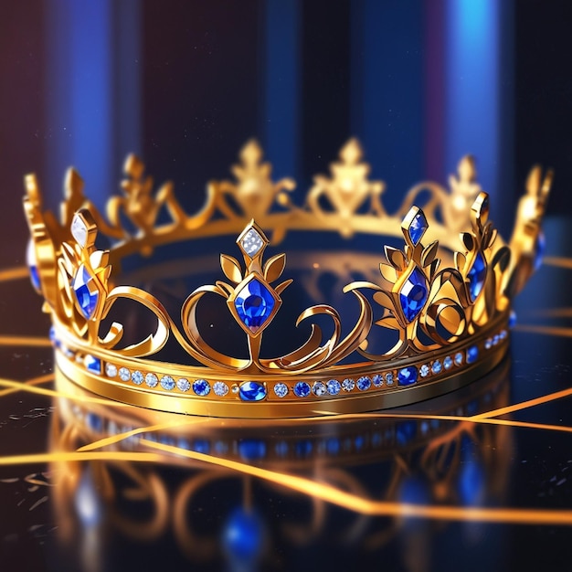 A sumptuous royal crown adorned in blue gems and gold detailing under a mystical ambient light