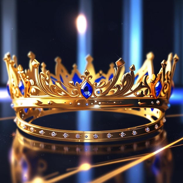 A sumptuous royal crown adorned in blue gems and gold detailing under a mystical ambient light