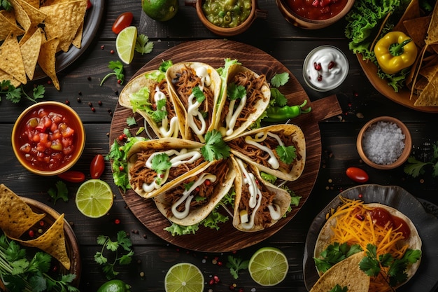 Sumptuous Taco Feast A Detailed and Realistic Culinary Delight on a Dark Brown table