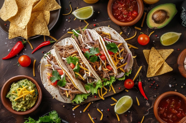 Sumptuous Taco Feast A Detailed and Realistic Culinary Delight on a Dark Brown table