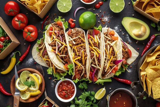 Sumptuous Taco Feast A Detailed and Realistic Culinary Delight on a Dark Brown table