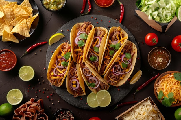 Sumptuous Taco Feast A Detailed and Realistic Culinary Delight on a Dark Brown table