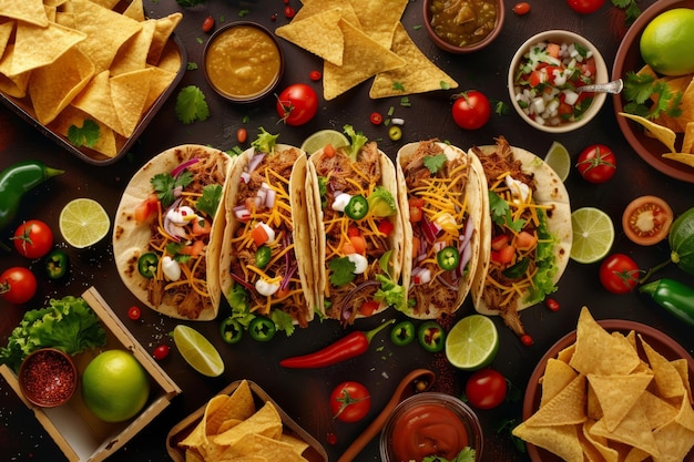 Sumptuous Taco Feast A Detailed and Realistic Culinary Delight on a Dark Brown table