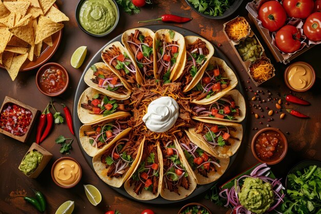 Sumptuous Taco Feast A Detailed and Realistic Culinary Delight on a Dark Brown table