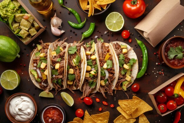 Sumptuous Taco Feast A Detailed and Realistic Culinary Delight on a Dark Brown table