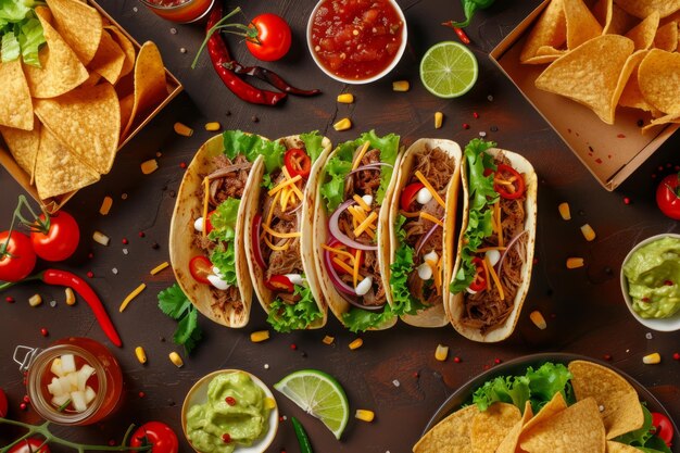 Sumptuous Taco Feast A Detailed and Realistic Culinary Delight on a Dark Brown table