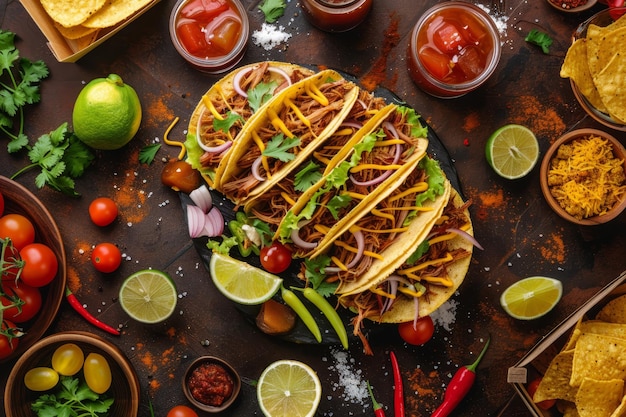 Photo sumptuous taco feast a detailed and realistic culinary delight on a dark brown table