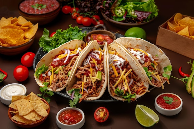 Sumptuous Taco Feast A Detailed and Realistic Culinary Delight on a Dark Brown table