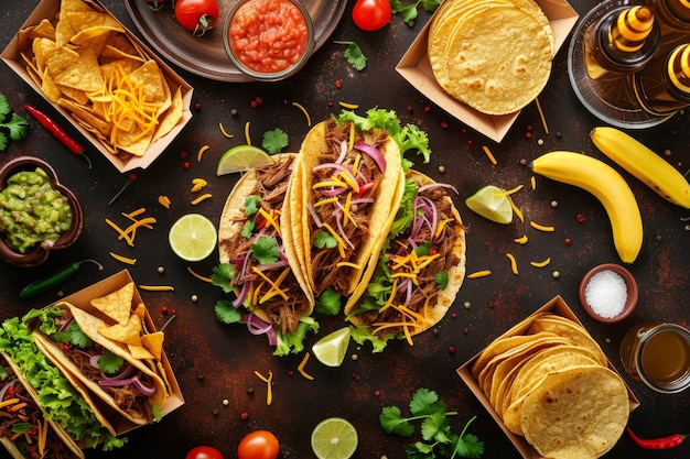 Sumptuous Taco Feast A Detailed and Realistic Culinary Delight on a Dark Brown table