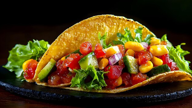 Photo sumptuous taco with zesty salsa in cozy food setting