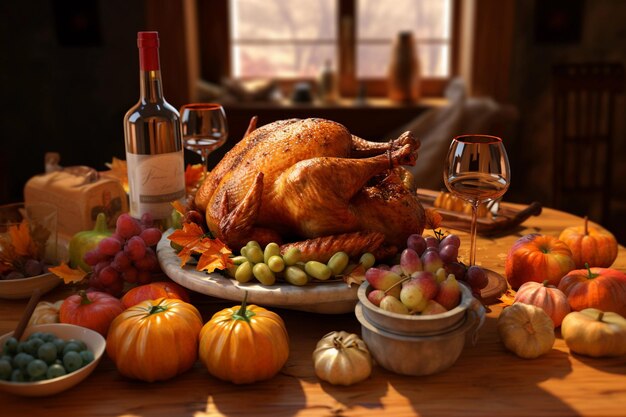 Sumptuous Thanksgiving Spread with Roasted Turkey and Wine on a Rustic Table