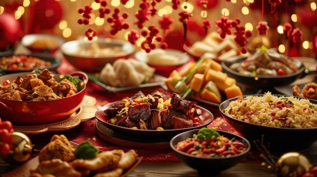 A sumptuous traditional Chinese New Year feast with various dishes arranged on a beautifully decorat