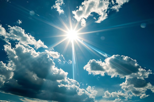 Sun in the blue sky with white clouds and sunbeams