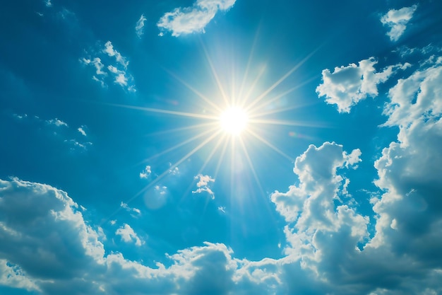 Sun in the blue sky with white clouds and sunbeams