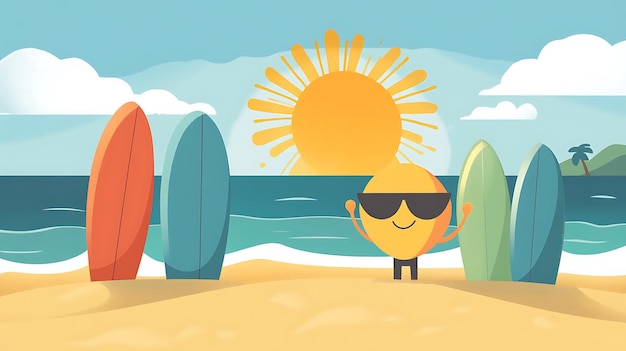 Sun Character with Sunglasses on a Beach with Surfboards and Palm Trees