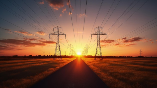 Sun charging from power lines at sunset in the Pampas Argentina silhouette concept