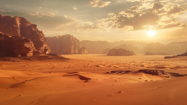 The sun dips below the horizon casting a golden glow over the sweeping sand dunes and majestic rock formations of a tranquil desert landscape evoking a sense of peace and the vastness of nature