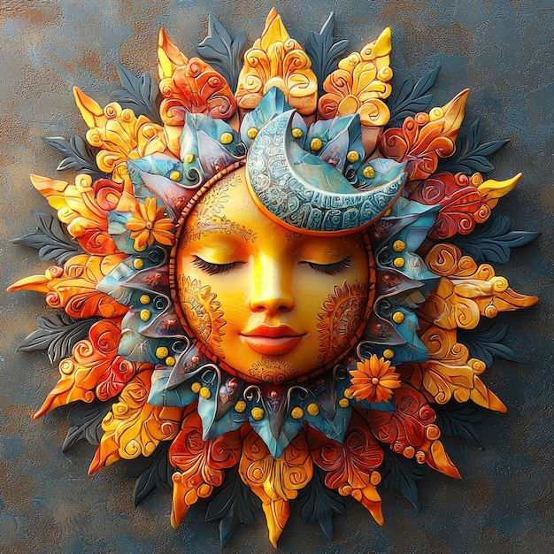 Photo sun face sculpture with ornate design