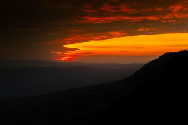 The sun falls on the red circle and the mountain view