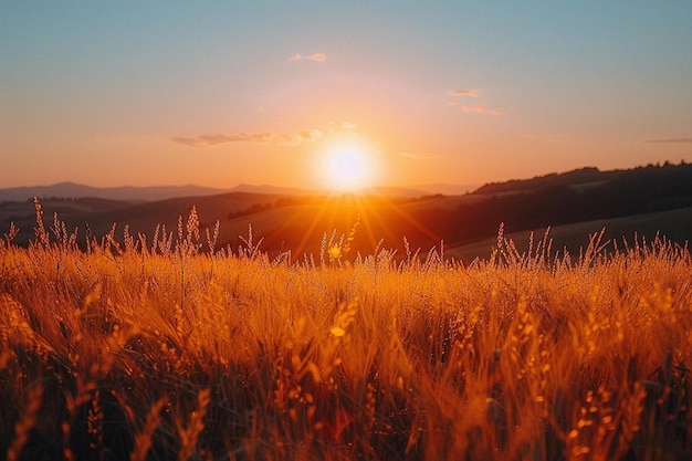 Sun goes down over the fields of italian tuscany