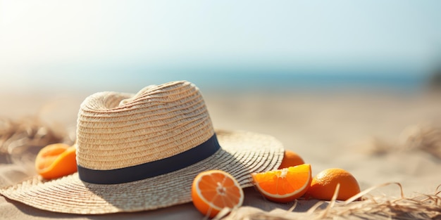 Sun hat and oranges Straw hat and oranges on a summer sea beach blurred background copy space