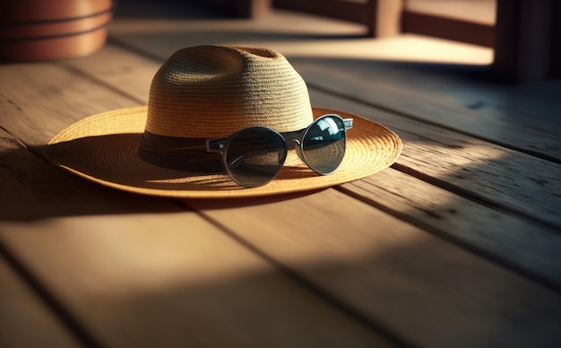 A  sun hat  and sunglasses are on a wooden table. ai generated