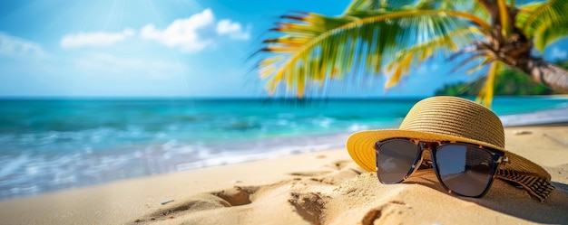 Sun Hat and Sunglasses on Beach