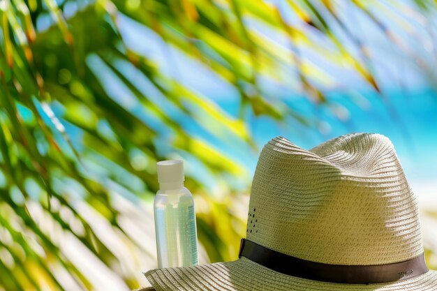 Photo sun hat and sunscreen bottle against tropical backdrop