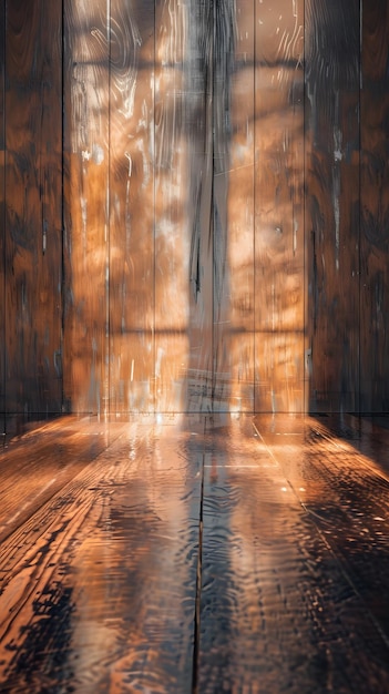 The sun illuminates a wooden floor casting abstract shadows and setting a calm and serene mood in