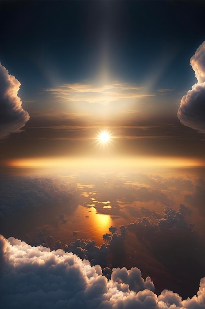 The sun is setting over the clouds above the water generative ai