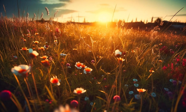 The sun is setting on a field full of wild flowers