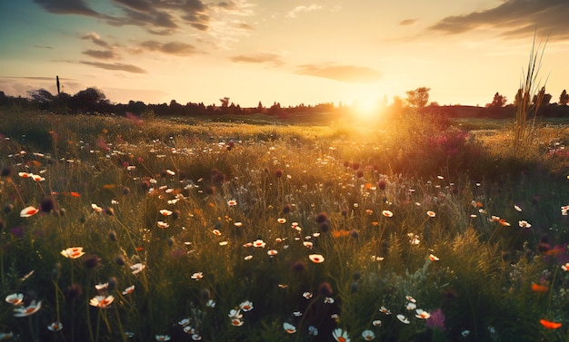 The sun is setting on a field full of wild flowers