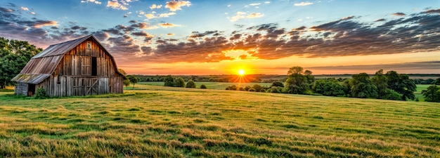 The sun is setting over field of green grass with trees in the distance