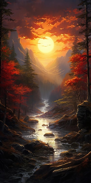 the sun is setting behind a forest stream in the forest