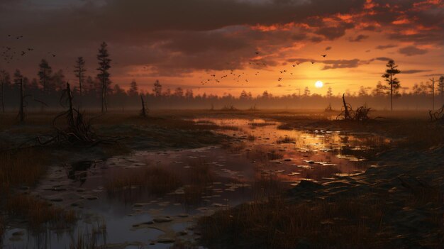 The sun is setting over a marshy area with water