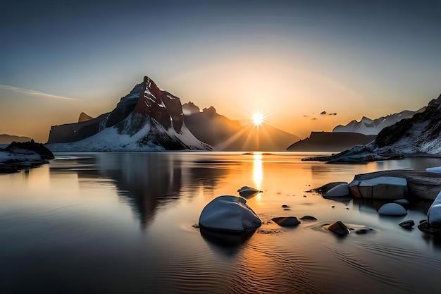 the sun is setting over a mountain lake