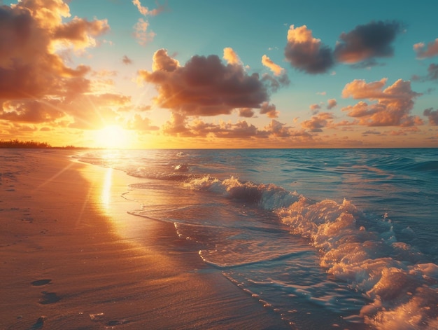 The sun is setting over the ocean casting a warm glow on the beach