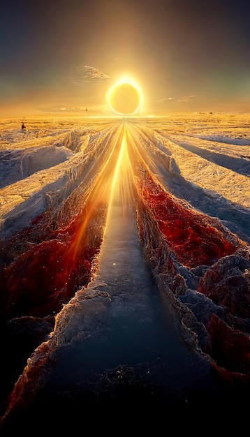 The sun is setting over a snow covered field generative ai