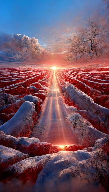 The sun is setting over a snow covered field generative ai