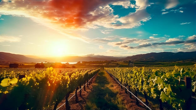 The sun is setting over vineyard in the country side of the country Generative AI