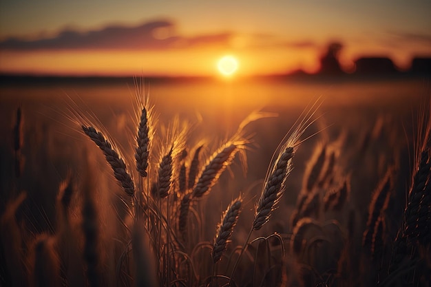 The sun is setting over a wheat field generative AI